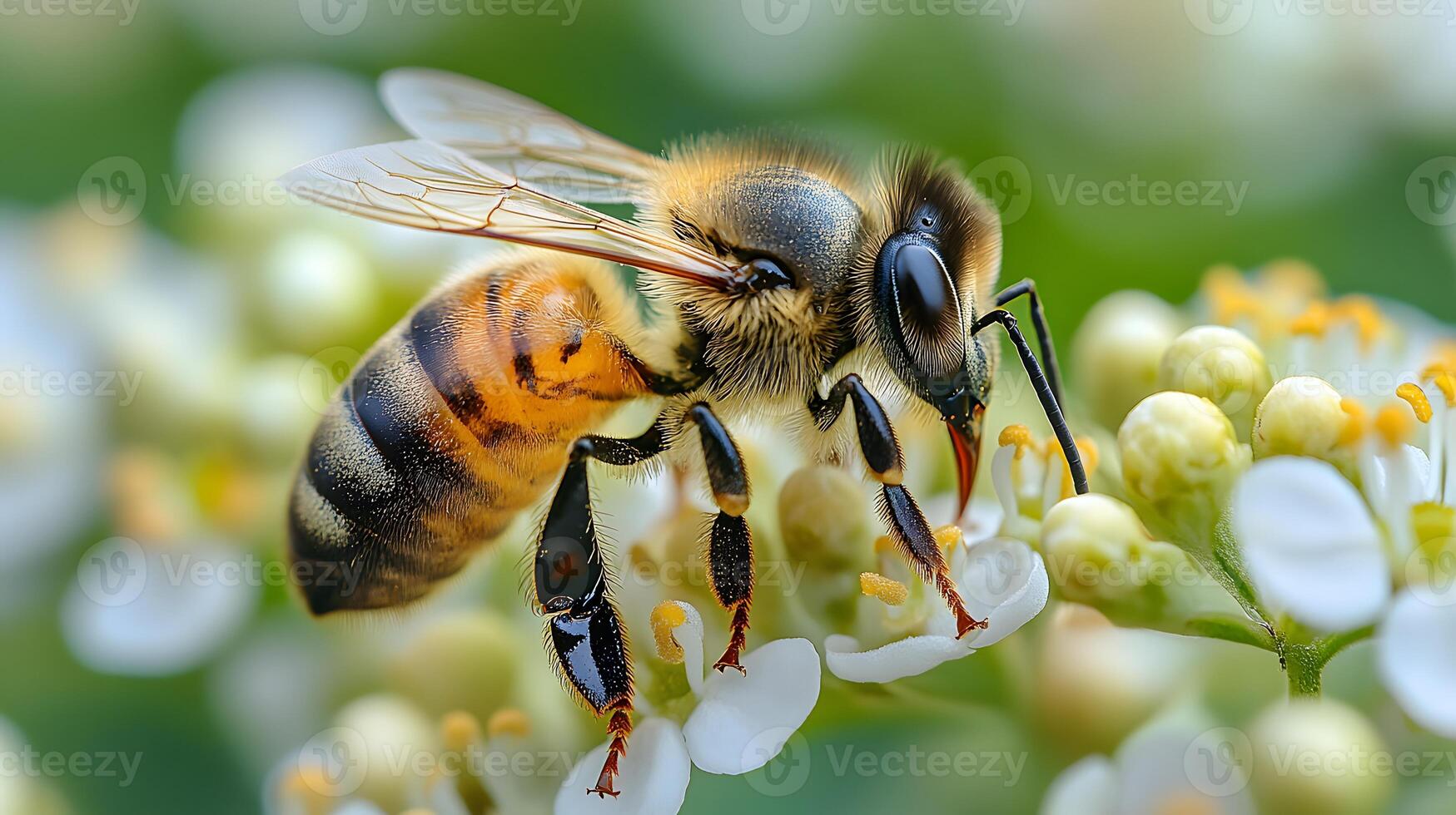 a bee collecting nectar from a freshly bloomed flower in a garden. photo
