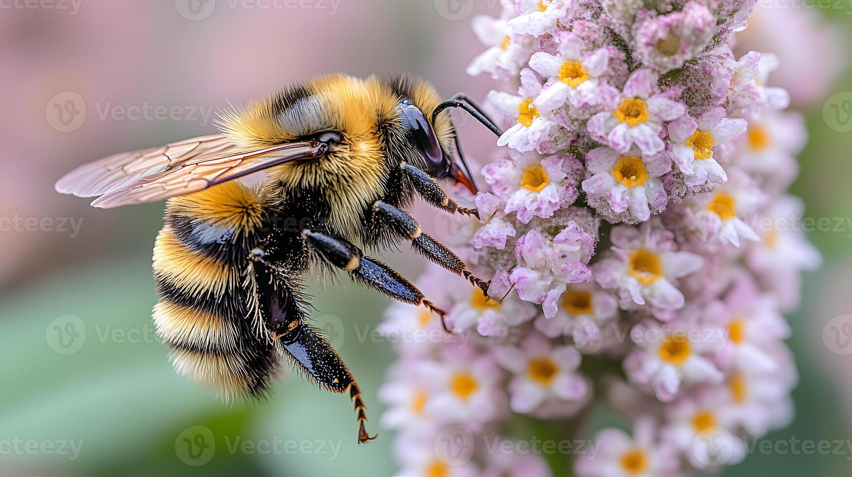Close up of a bee collecting nectar from a freshly bloomed flower in a garden photo