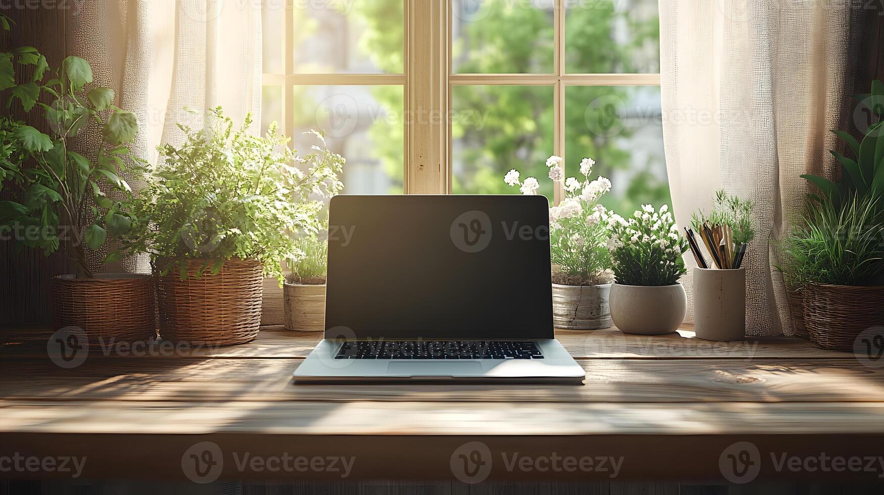 Simple workspace arrangement with laptop on a clean desk and soft decor elements photo