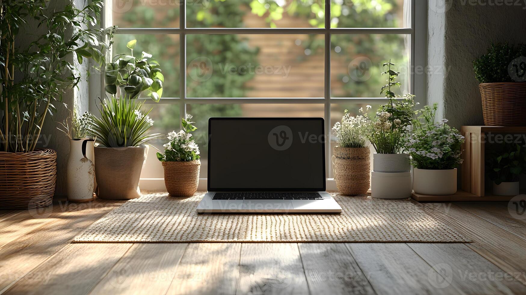 Simple workspace arrangement with a laptop on a clean desk and soft decor photo