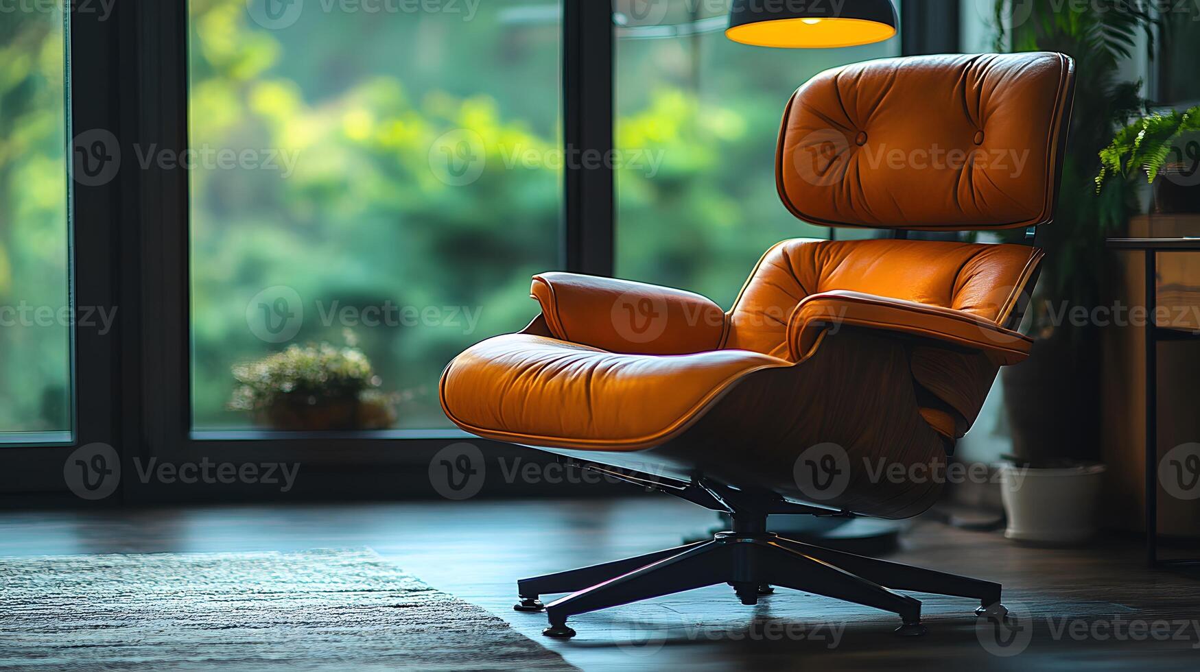 Home office in a cozy corner with a soft rug, comfy chair, and a laptop for remote work photo