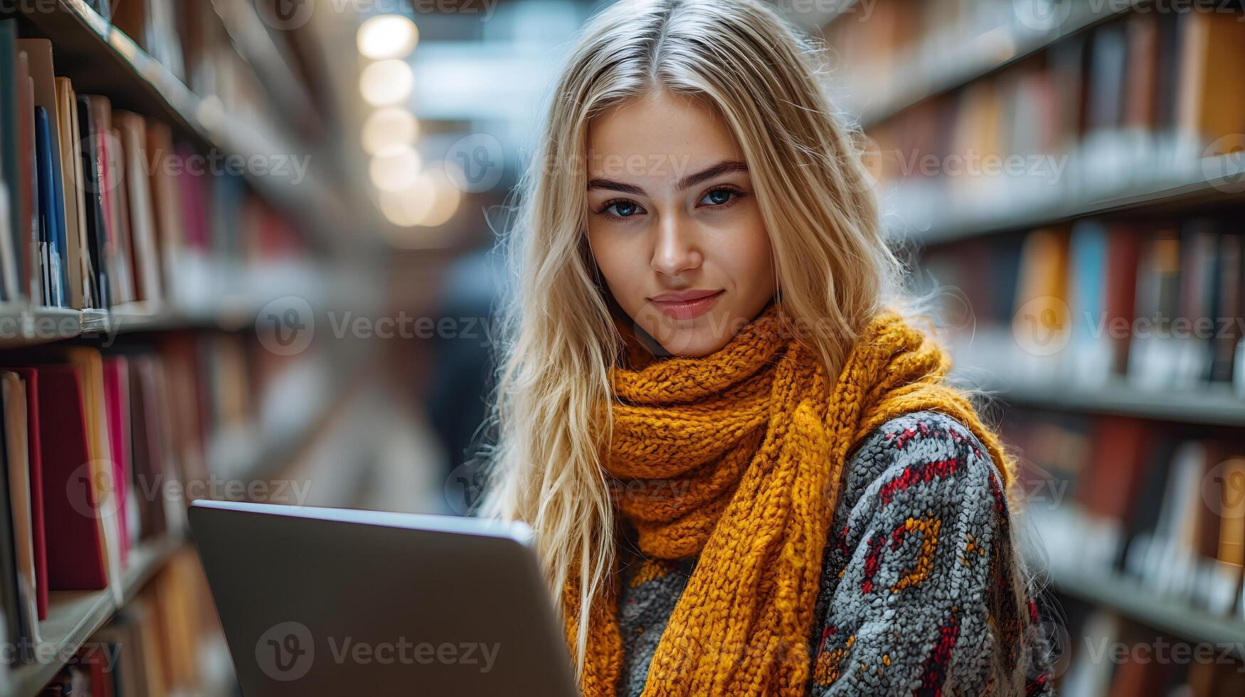 Freelancer in cozy library corner, typing on laptop surrounded by books and warm lighting. photo