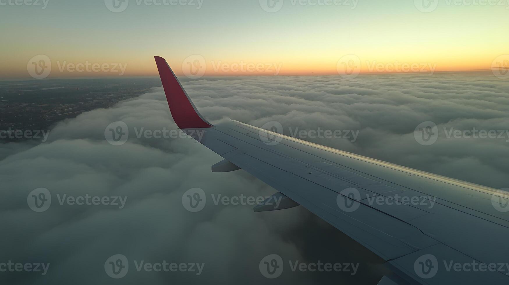 Airplane window view, clouds and wing, excitement of travel journey photo