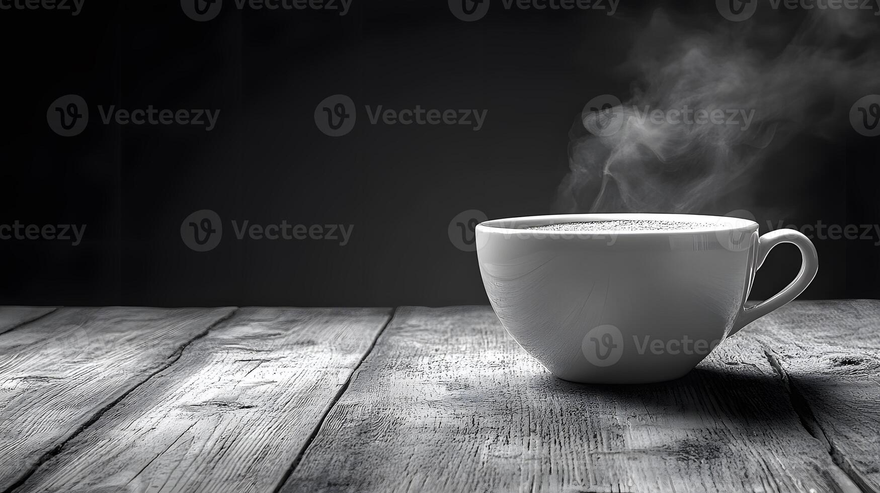 Close-up of steaming cup of coffee on a rustic wooden table, inviting atmosphere and warmth photo