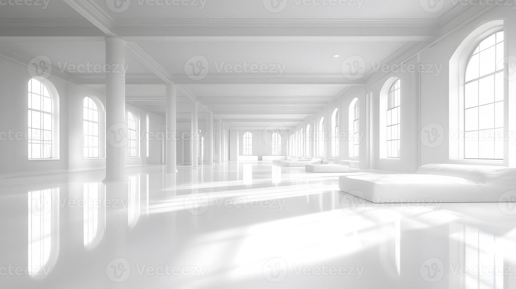 Blurry image of open office interior in white tones, fully furnished, minimalistic furniture layout with ample light, professional look. photo