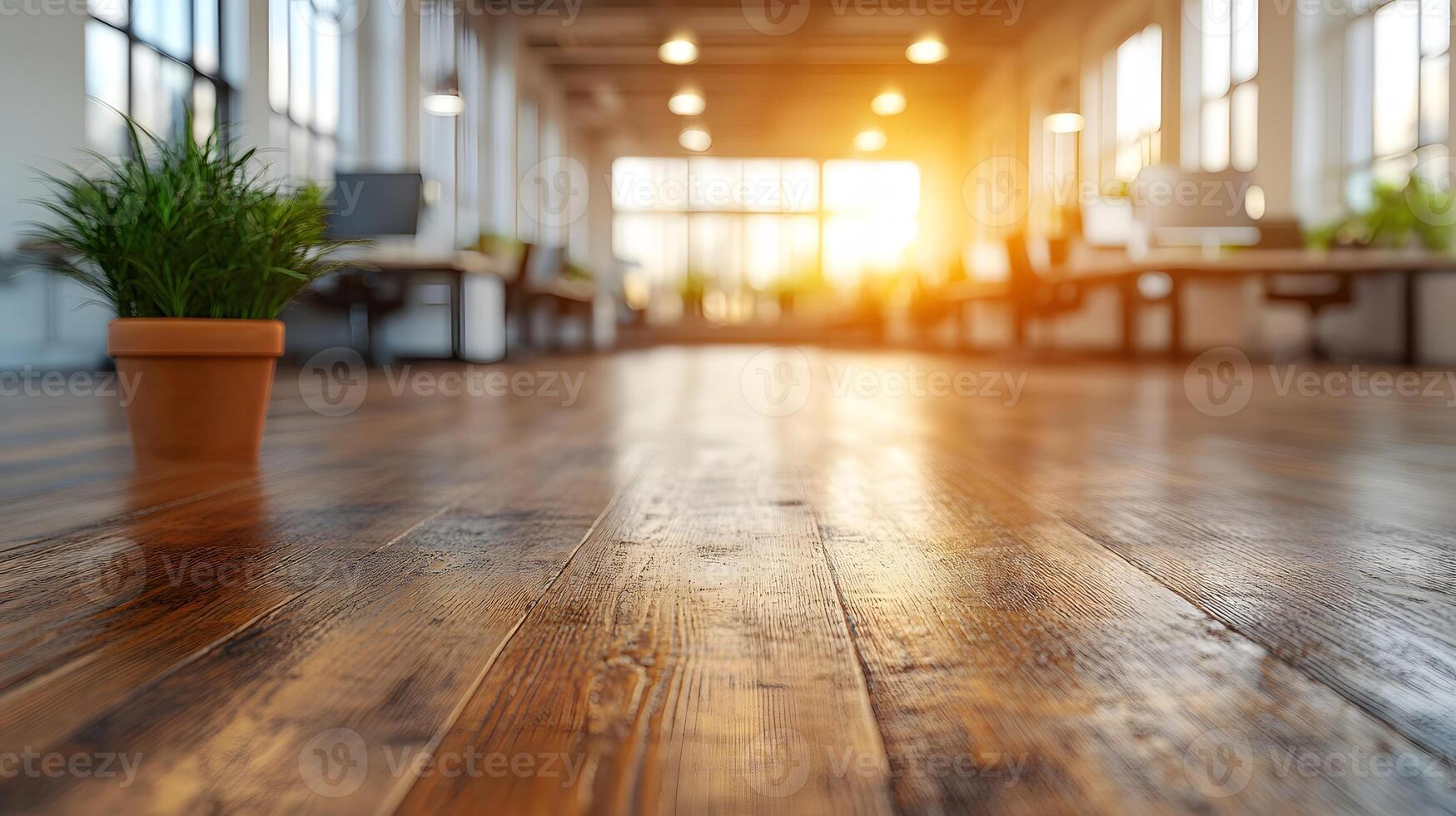 Blurry image of open office interior in white tones, fully furnished, minimalistic furniture layout with ample light professional look. photo