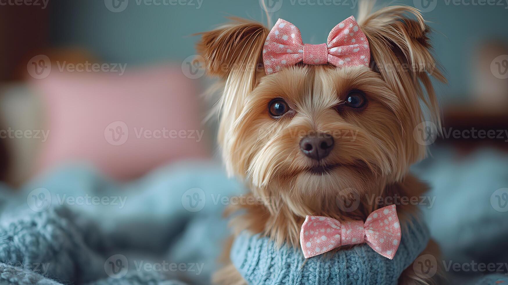 Close-up of a small dog in a fancy dress, playful expression, adorned with ribbons and bows, bright natural lighting photo