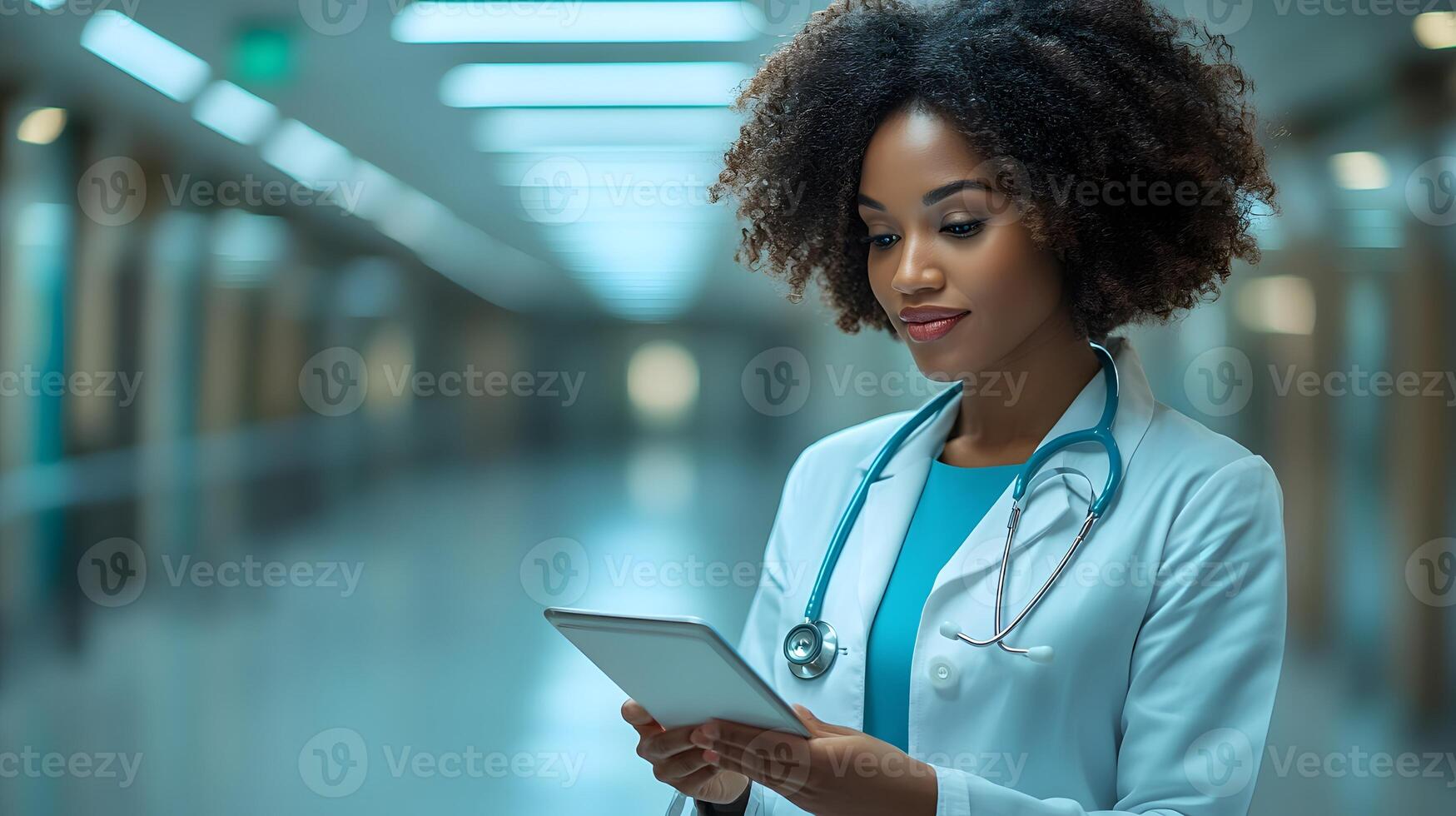 Healthcare professional accessing digital app with real-time patient updates, holographic interface, futuristic clinic setting photo