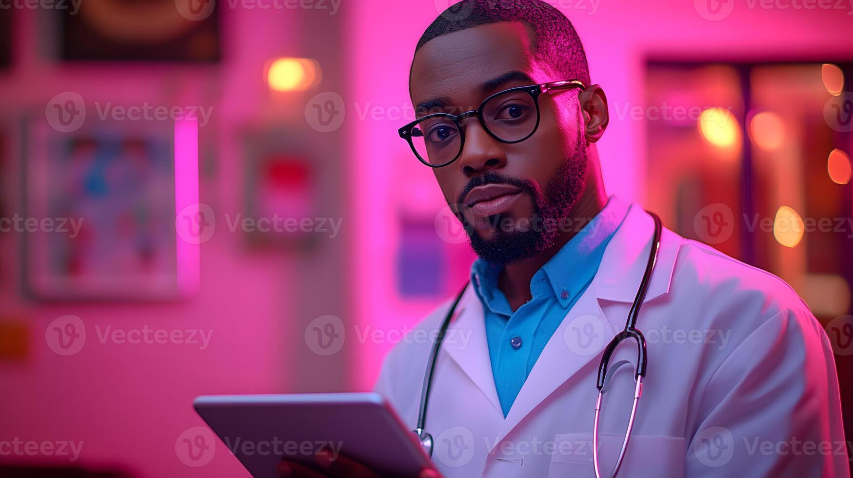 Doctor with tablet displaying colorful digital health records, real-time tracking, clinical innovation, modern healthcare app. photo