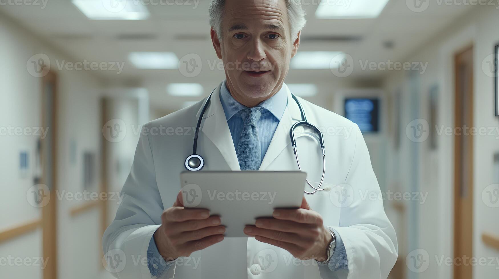 Digital health records displayed on a tablet held by doctor, vibrant holographic visuals, personalized patient data, innovative tech photo