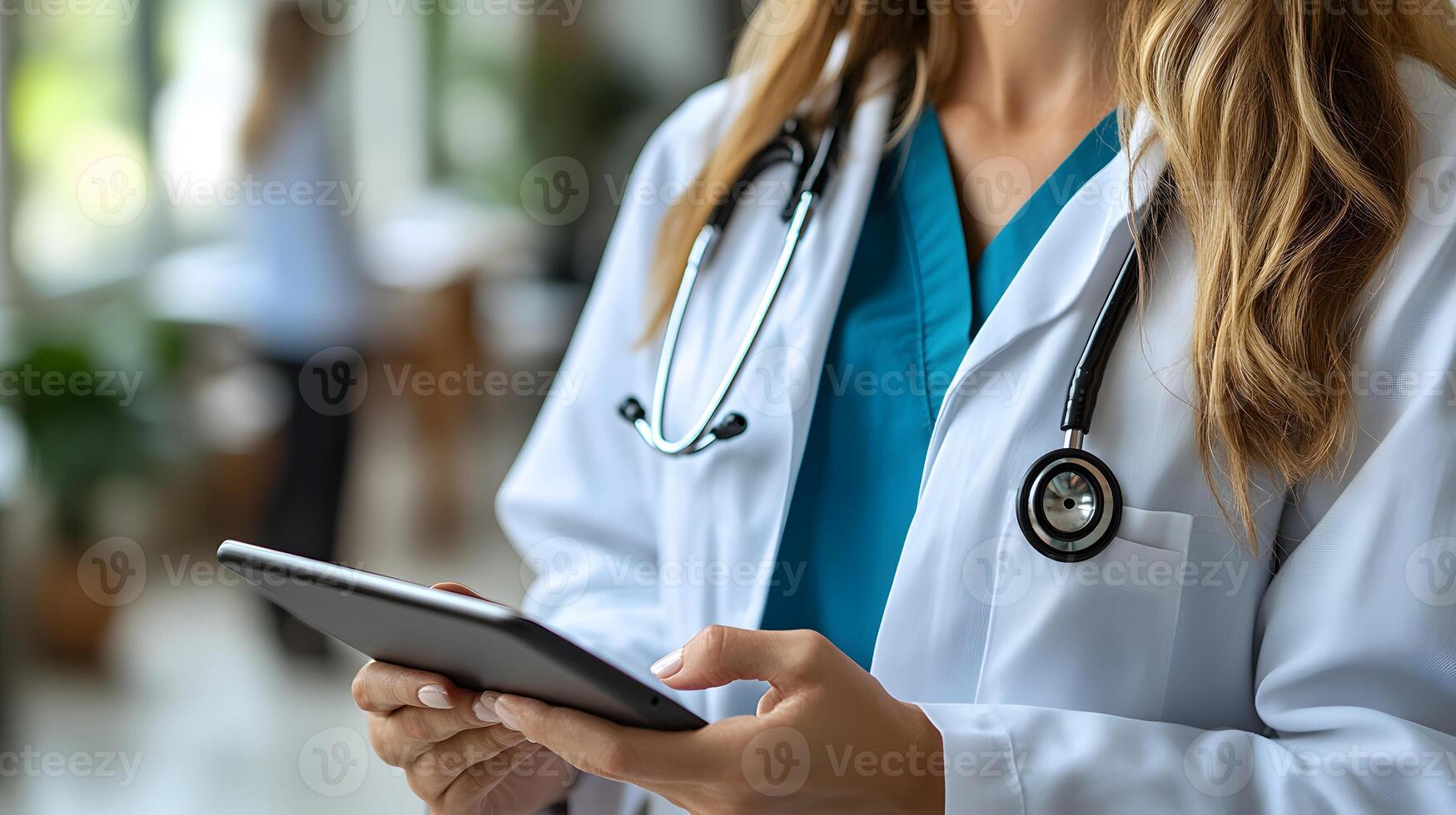 Doctor in modern clinic using tablet to access digital health records, futuristic medical interface, vibrant holographic visuals photo