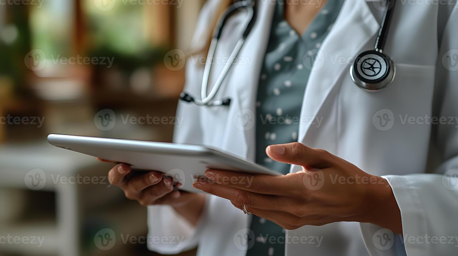 Physician with digital tablet displaying patient records, holographic icons, data security, futuristic medical technology photo