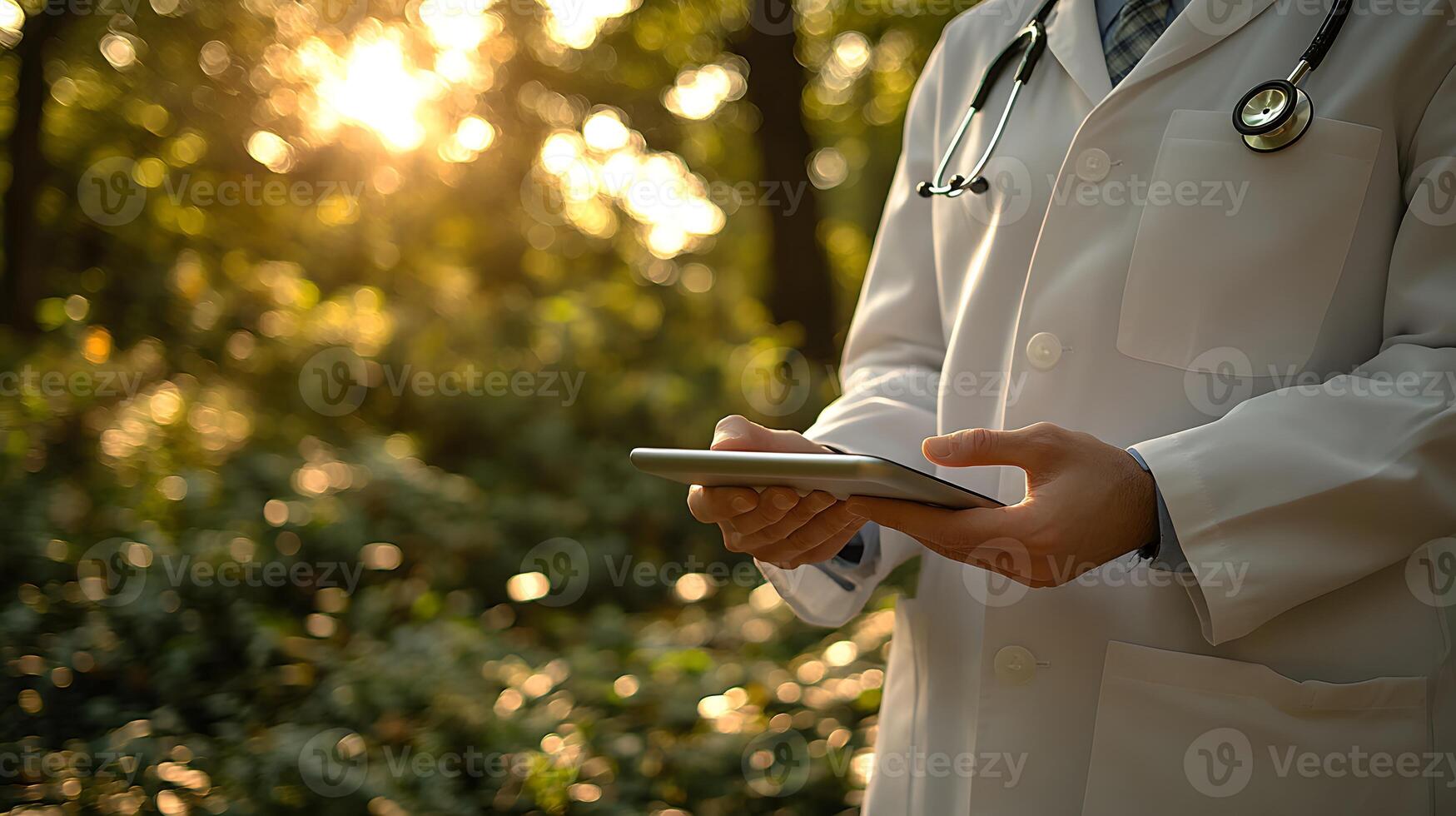 Doctor analyzing digital health app showing vital signs, real-time monitoring, innovative hospital environment, tech in healthcare photo