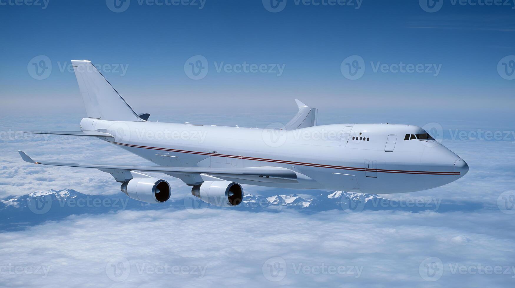 Cargo jet flying over mountain range, clear blue sky, global connectivity and shipping photo