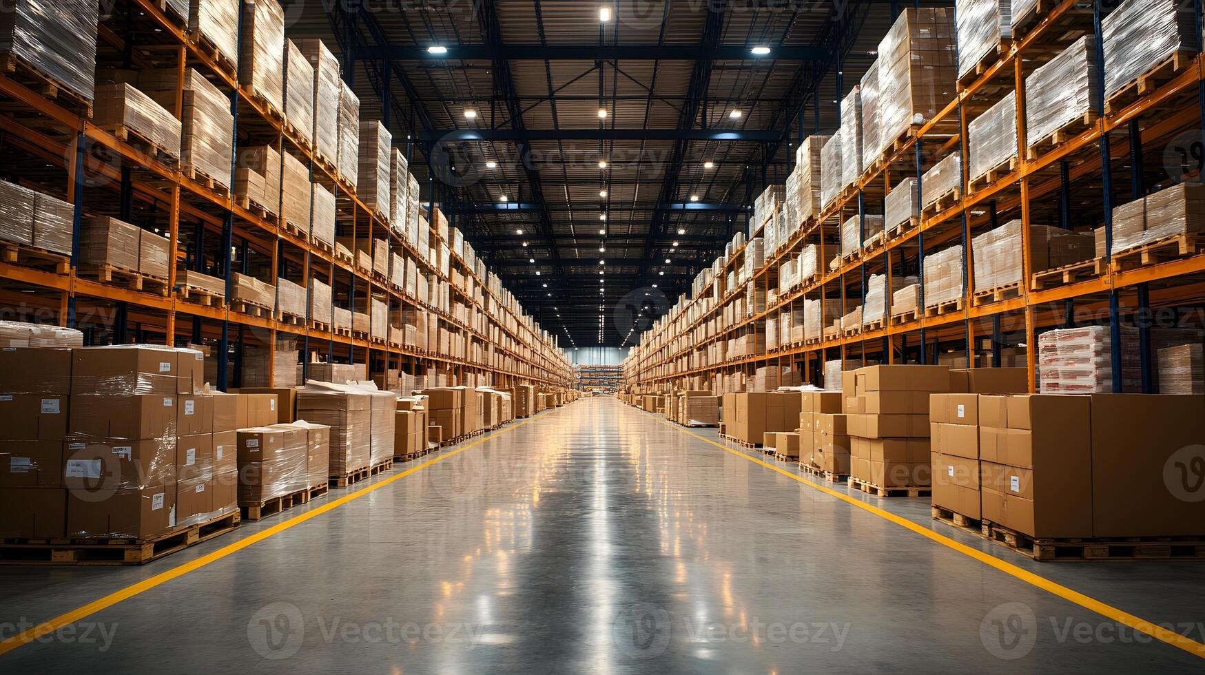 Trucks unloading at busy distribution center, efficient cargo handling, modern logistics photo