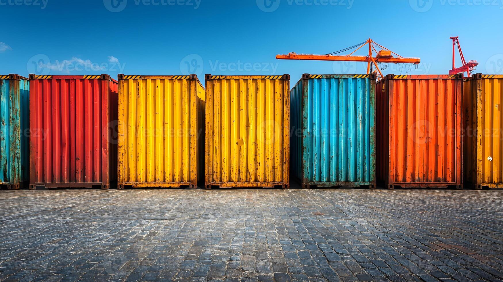 Containers stacked neatly on dock in shipping yard cranes in background, bright sunny day photo