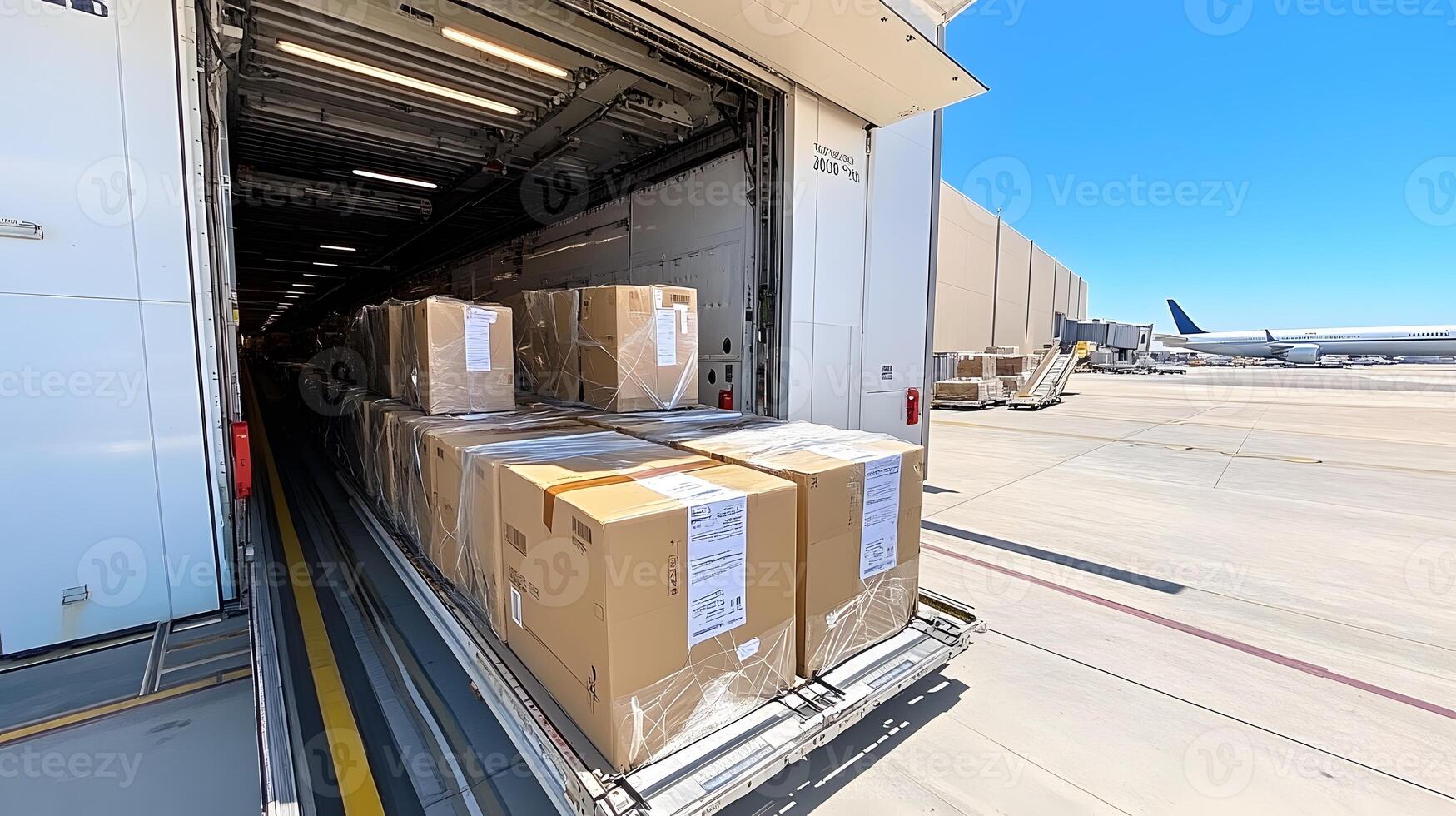 Large aircraft with cargo doors open, loading packages and crates, busy airport tarmac photo