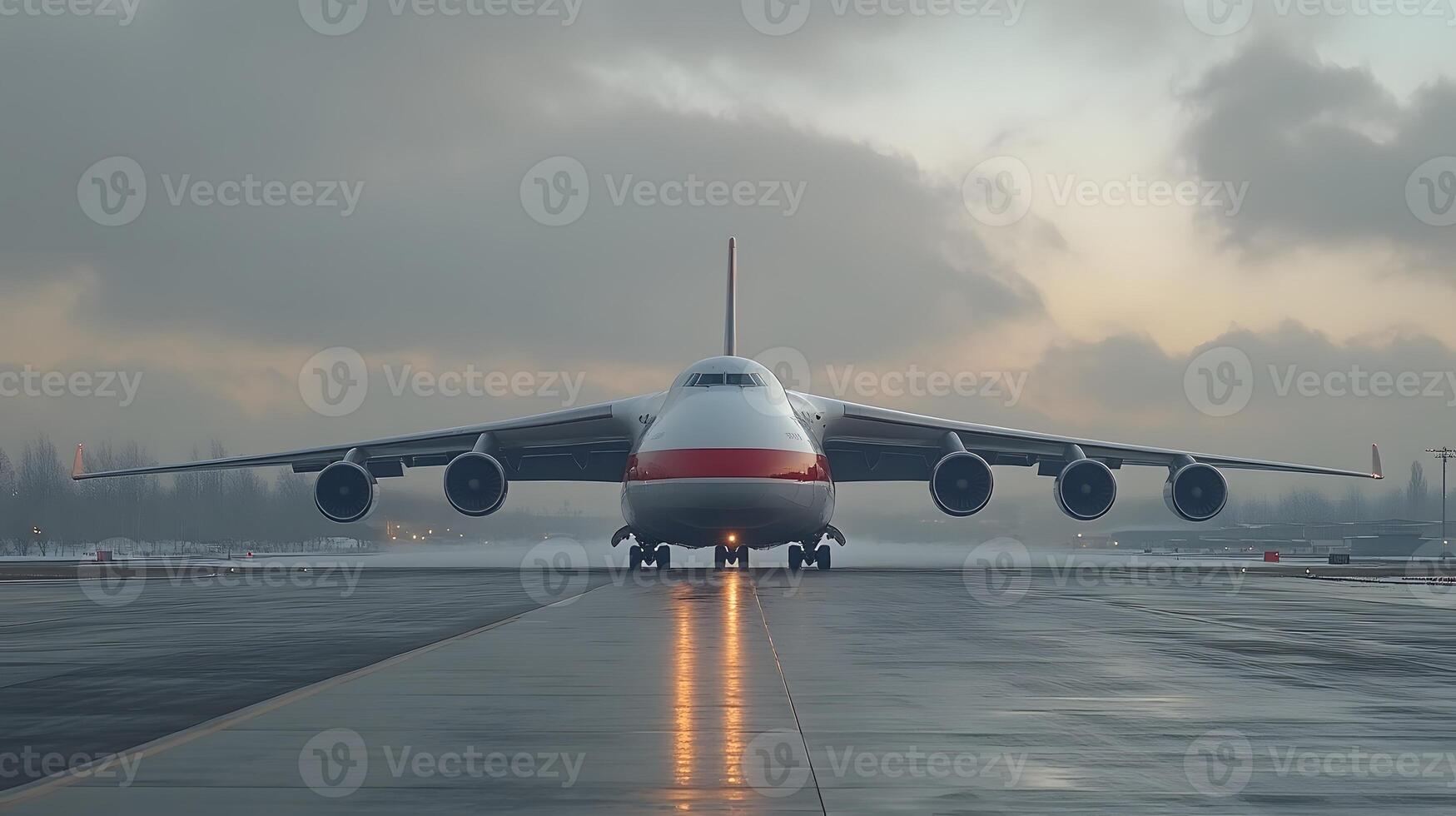Cargo plane on runway preparing for takeoff airport background, overcast sky, modern logistics scene photo