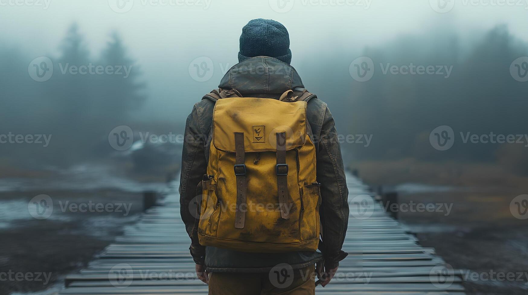 Young adventurer crossing a wooden bridge in a misty winter forest, carrying a backpack photo
