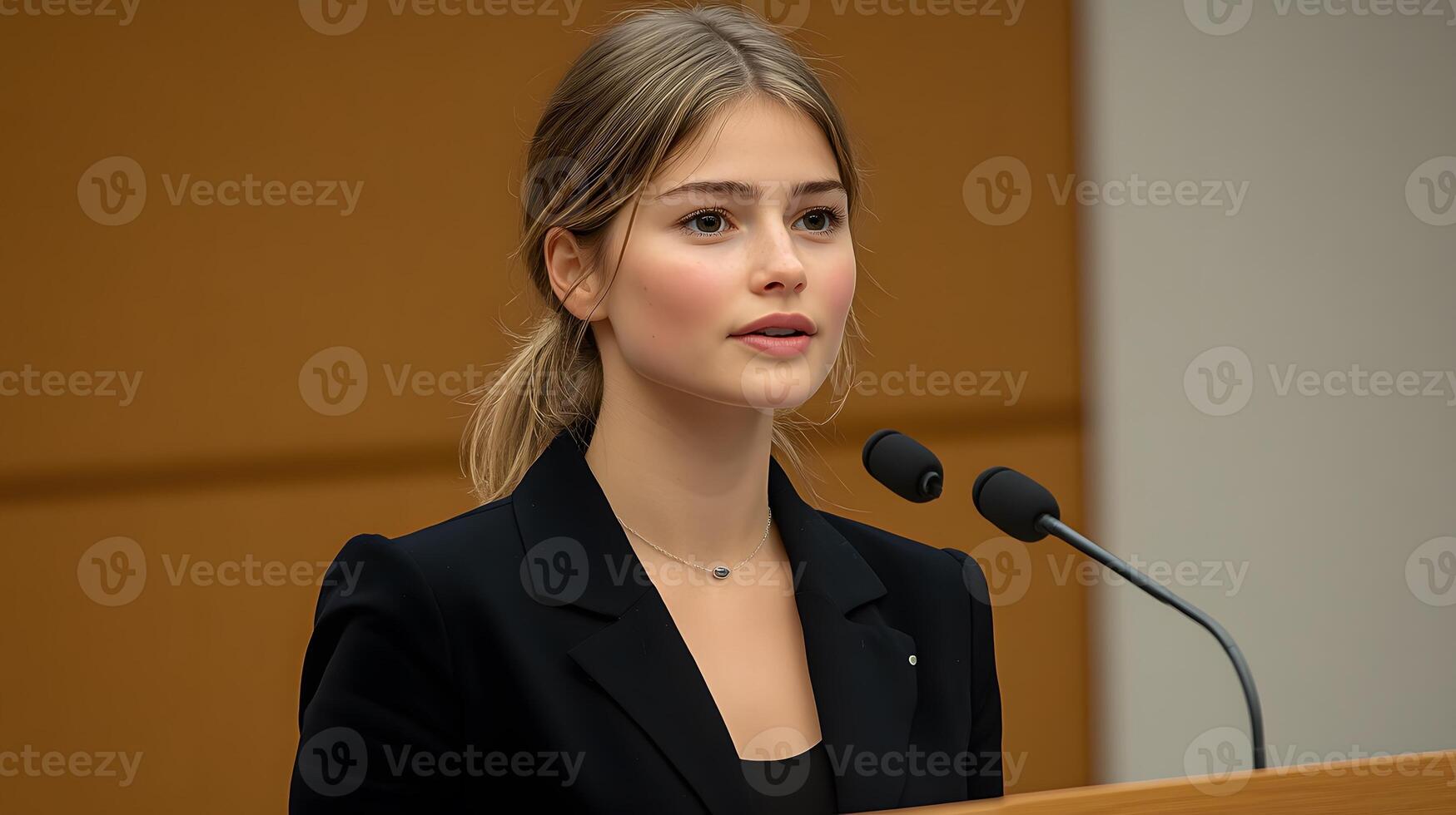 Female team leader presenting ideas seamless connection between physical and virtual attendees, professional meeting environment photo