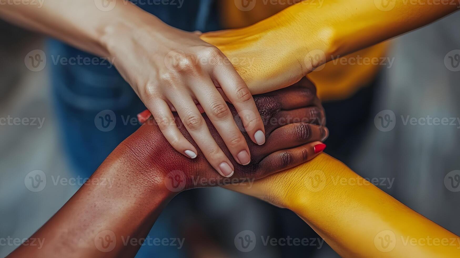 Zero Discrimination Day, hands of different skin tones joining together, close-up, solidarity and equality theme. photo