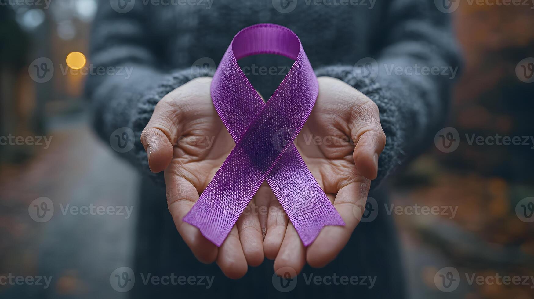 Hands holding teal and purple ribbons, message of awareness and unity for self-injury support photo