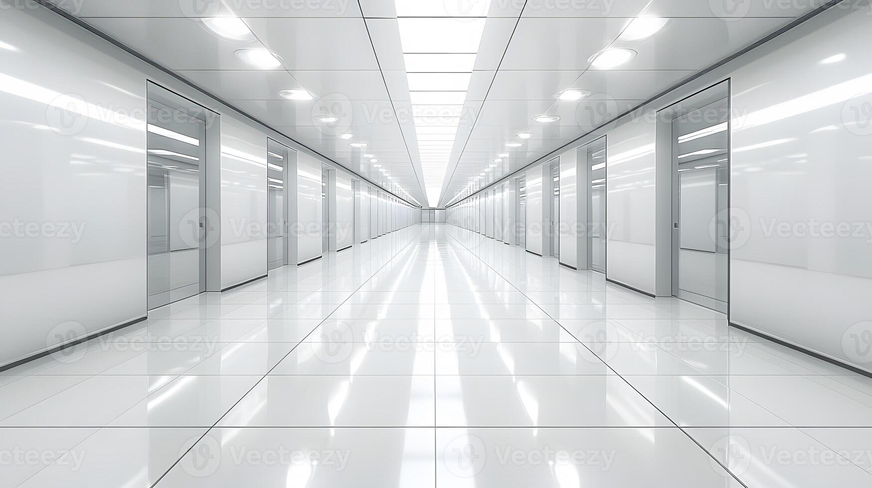 Clean and minimalistic office space in 3D, glass partitions, modern decor. photo