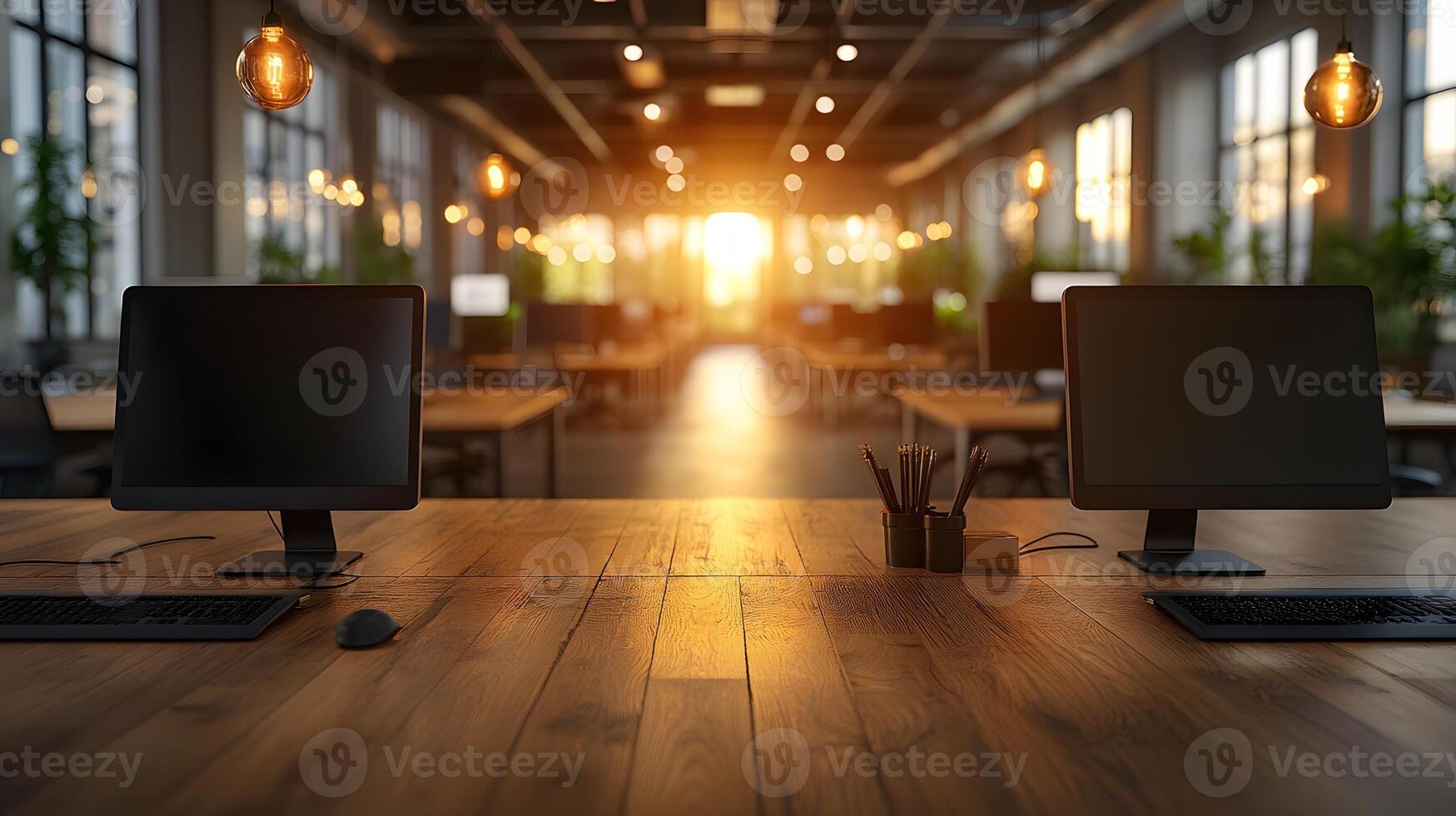 Bright and airy office with blurred effect, sleek decor, large windows, natural light, open layout photo