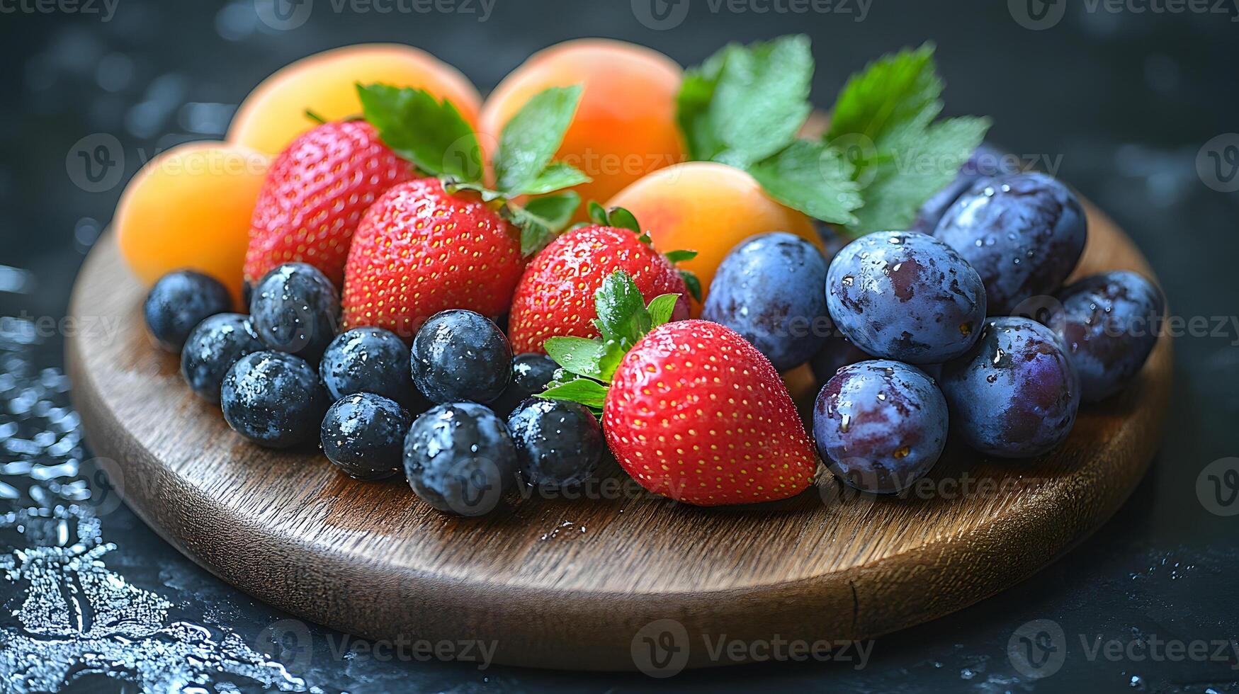 Fresh fruit compote on a wooden board, National Fruit Compote Day, peaches, strawberries, plums, appetizing display photo