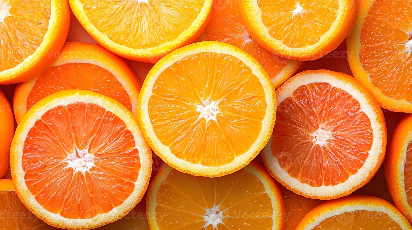 National Sunkist Citrus Day theme, top view of sliced oranges and lemons, fresh and juicy texture photo