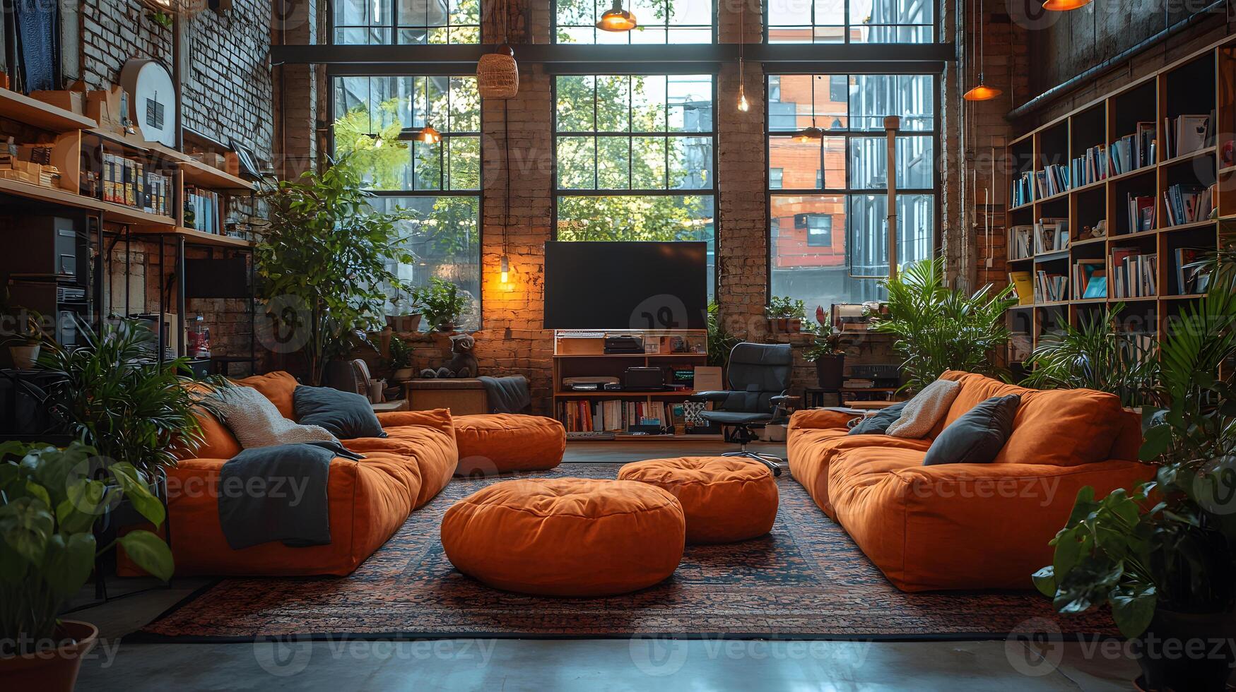 Team brainstorming in a cozy meeting area with warm tones, inviting furniture, and a focus on comfort photo