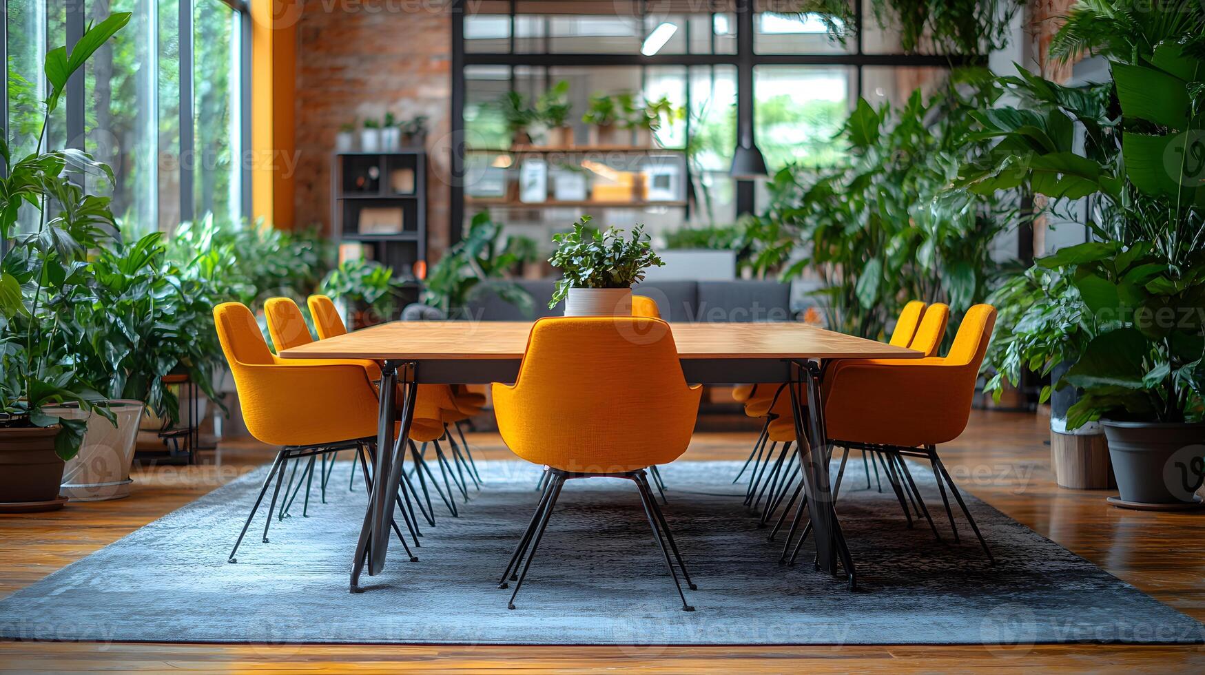 Bright office setting with a team gathering around a casual meeting table, surrounded by wellness features photo