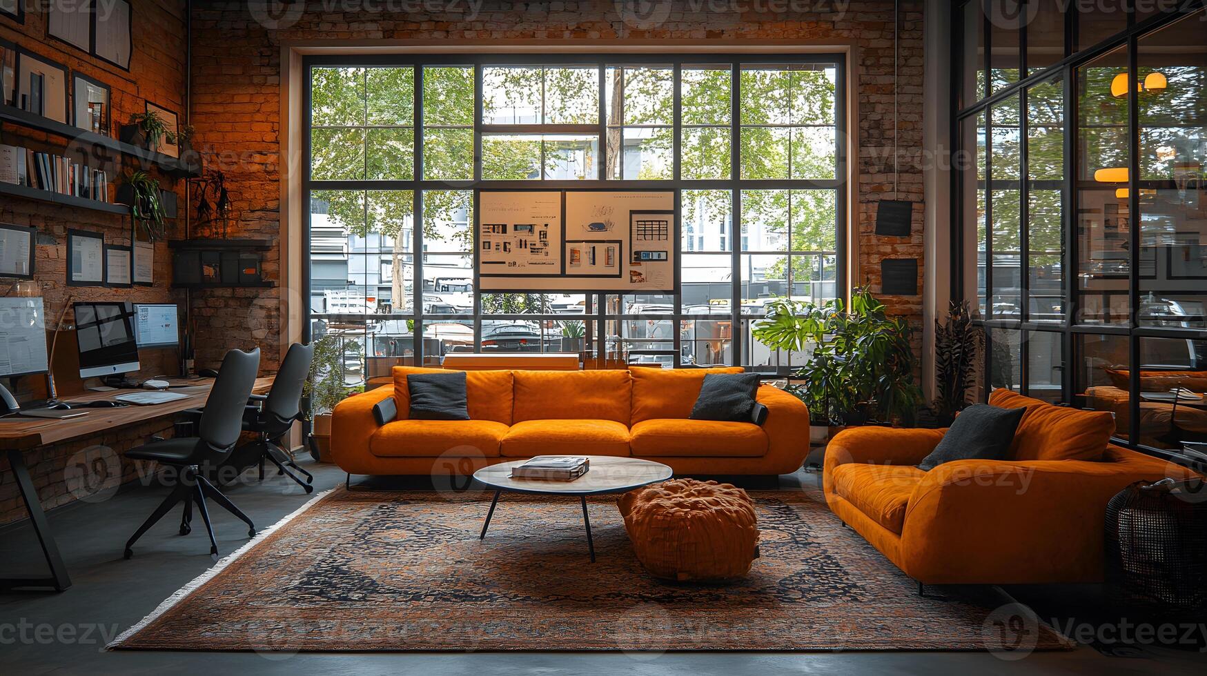 Professional co-working space with a team collaborating near a fitness-friendly area, active and productive work photo
