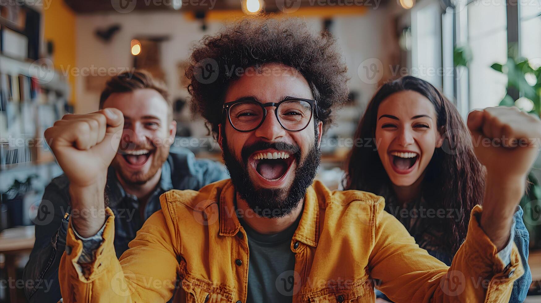 Entrepreneur launching a startup in modern office, excitement, innovation photo