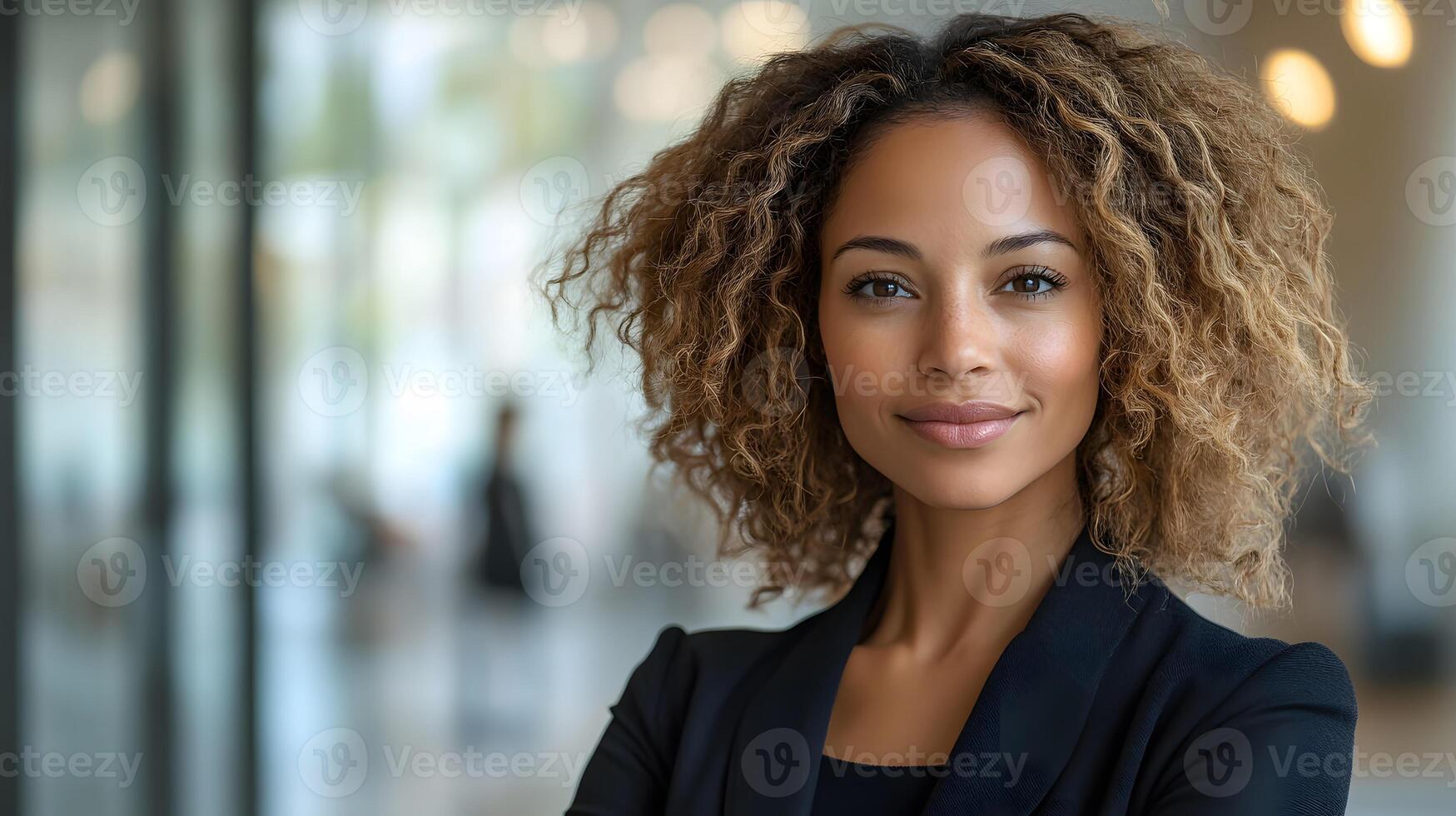 Woman entrepreneur standing in front of modern office building, poised expression, success-driven energy photo