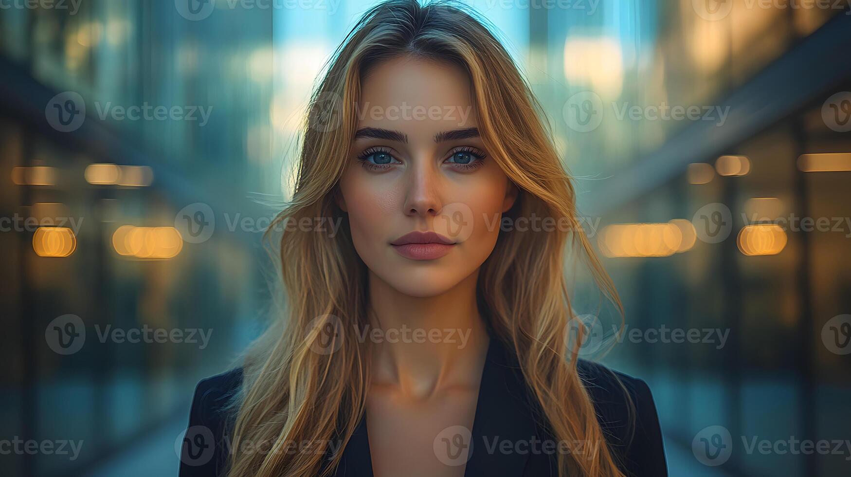 Businesswoman confidently walking into corporate building, strong career focus, urban background photo