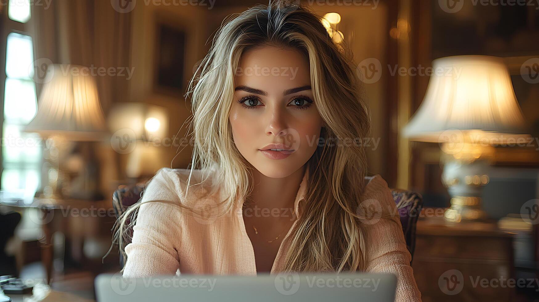 Successful female executive working on laptop, focused expression, elegant office setting photo