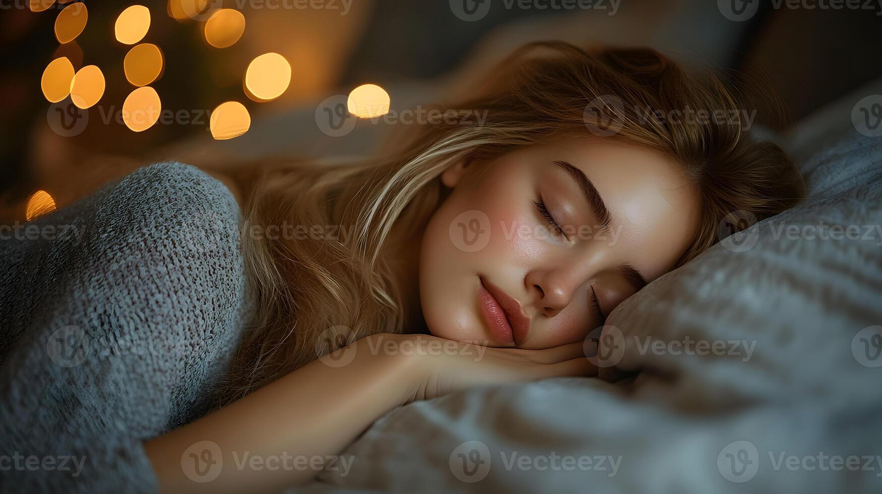 Woman sleeping peacefully on a cozy bed good rest, wellness and relaxation photo