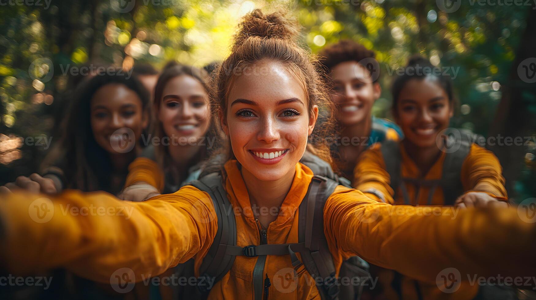 Group of coworkers enjoying an outdoor team-building activity photo