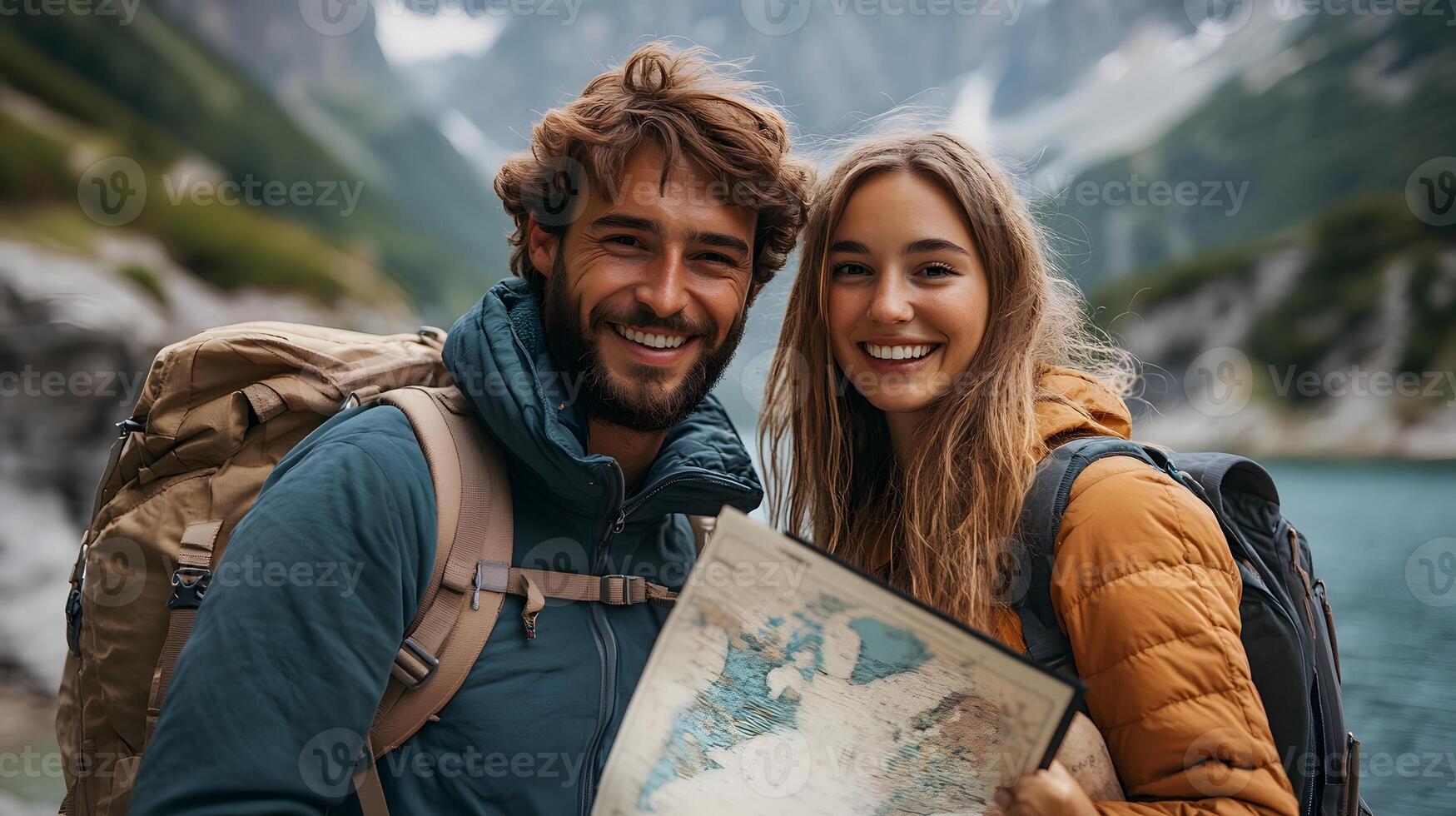 Travel agent highlighting exclusive holiday deals for a young couple planning their next adventure photo