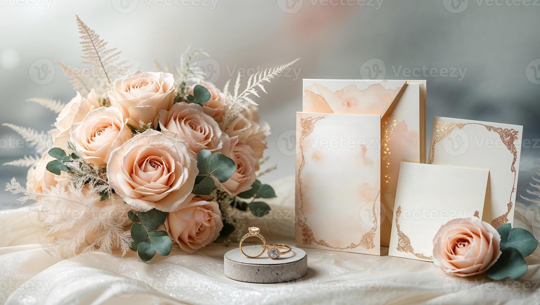 Elegant wedding bouquet and invitations displayed with a ring on a soft background photo