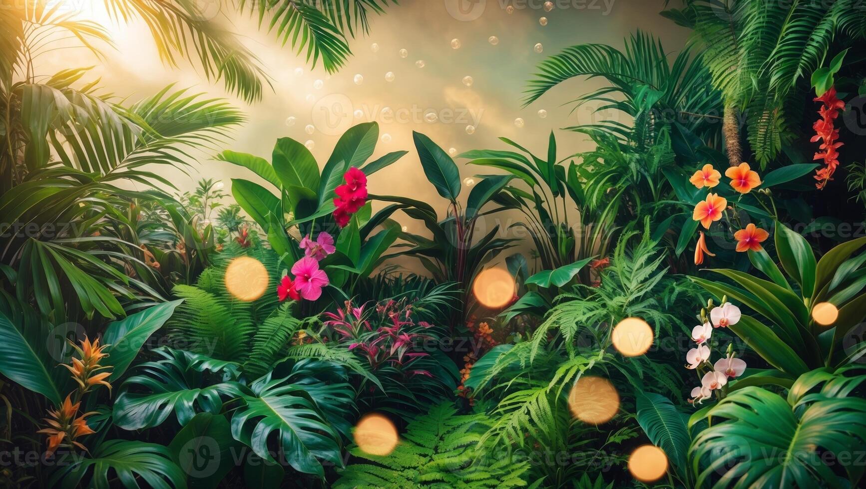 Lush tropical garden filled with vibrant flowers and greenery at sunset with soft glowing lights photo