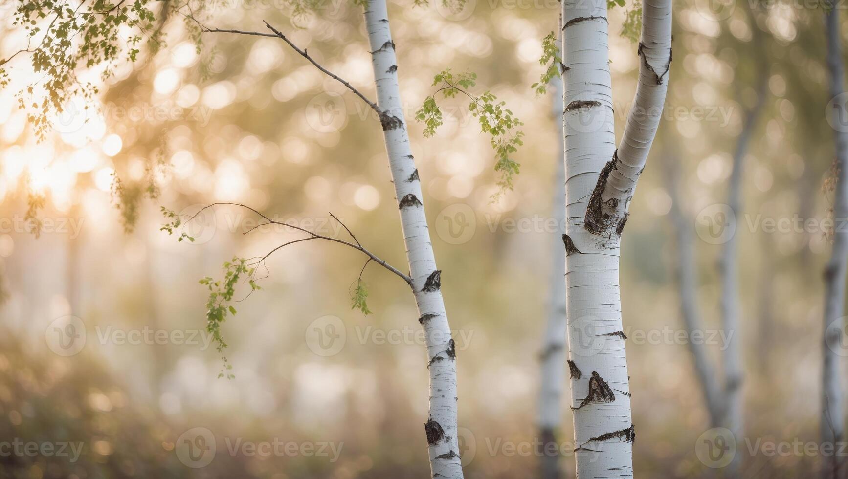 Beautiful birch trees capture sunlight during a calm morning in a serene forest setting photo