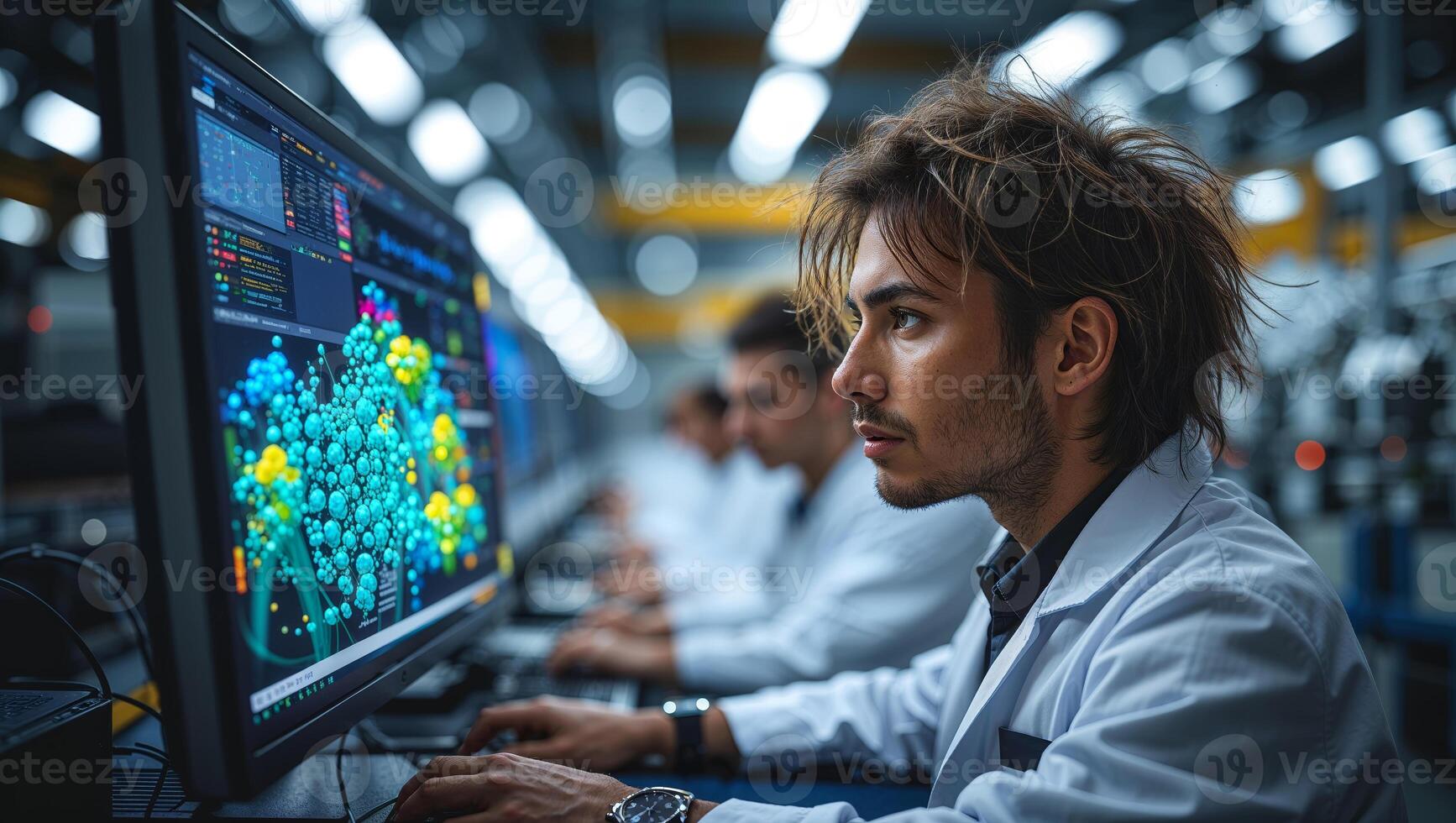 Young scientist analyzes complex data on a computer screen in a modern laboratory environment photo