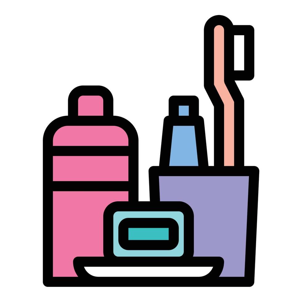 Toiletries icon in flat line style representing personal care hygiene essentials and travel amenities ideal for hospitality wellness and daily use concepts. vector