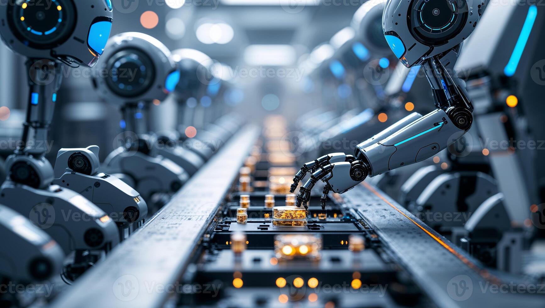 Robots assembling components on a busy production line in a futuristic factory environment during daylight hours photo