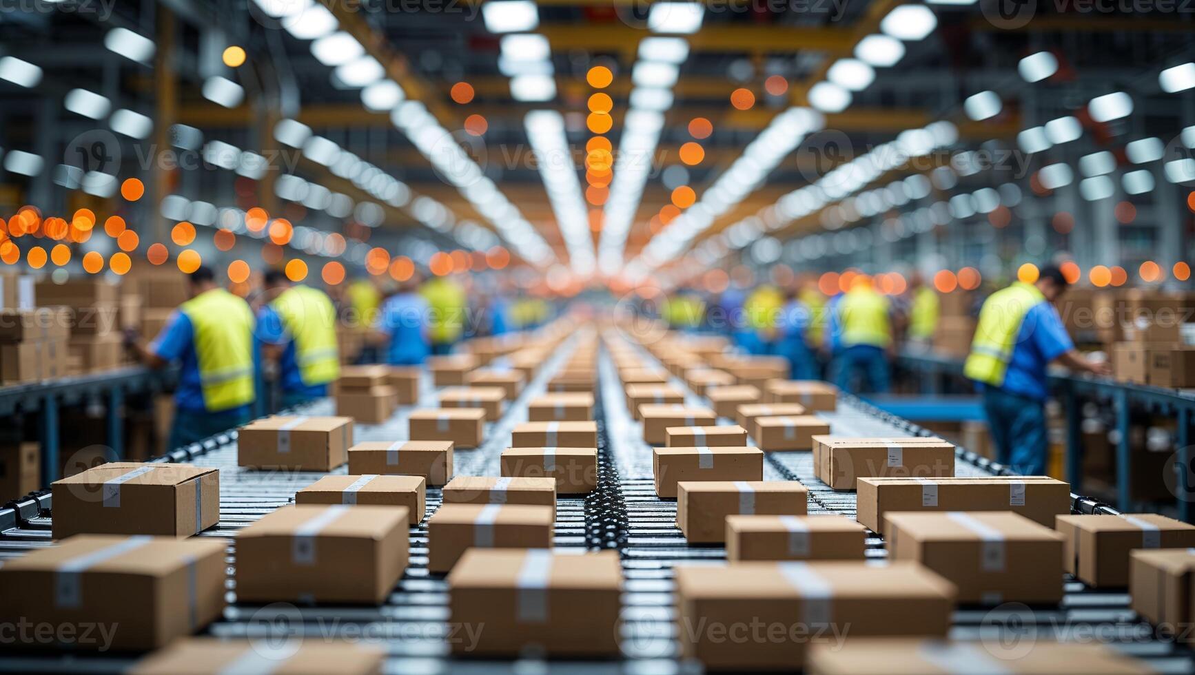 Busy warehouse with workers packaging and organizing boxes during peak hours of operation photo