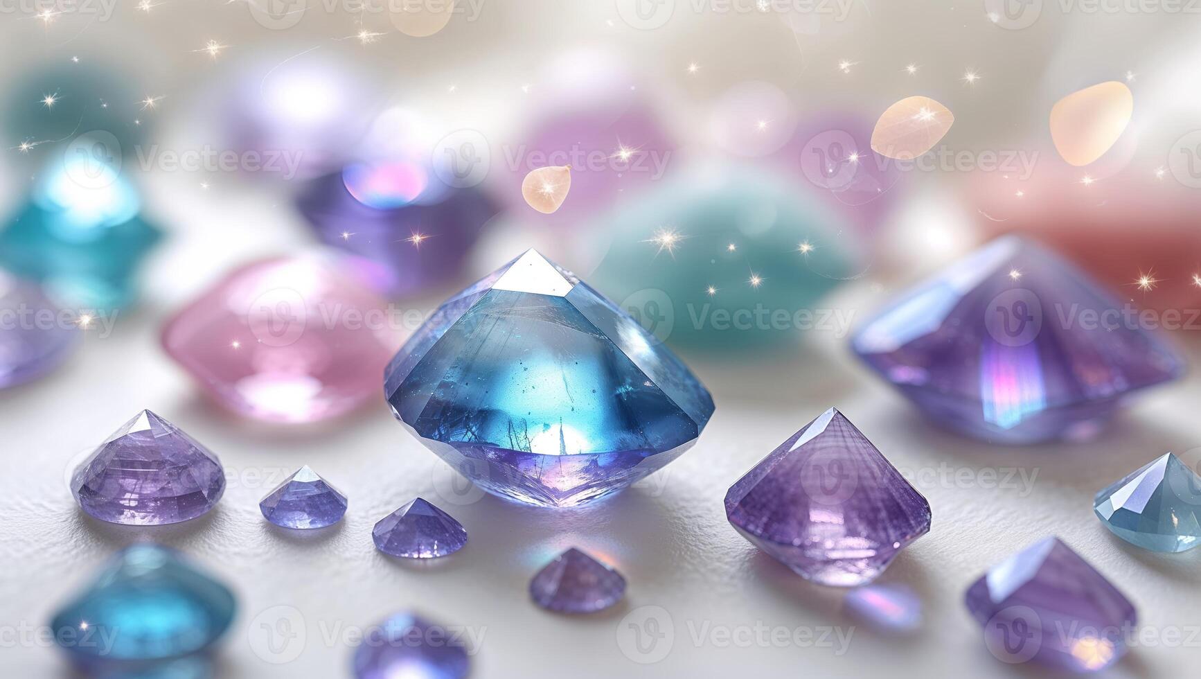 Colorful sparkling gems arranged on a soft surface in a well-lit space during the day photo