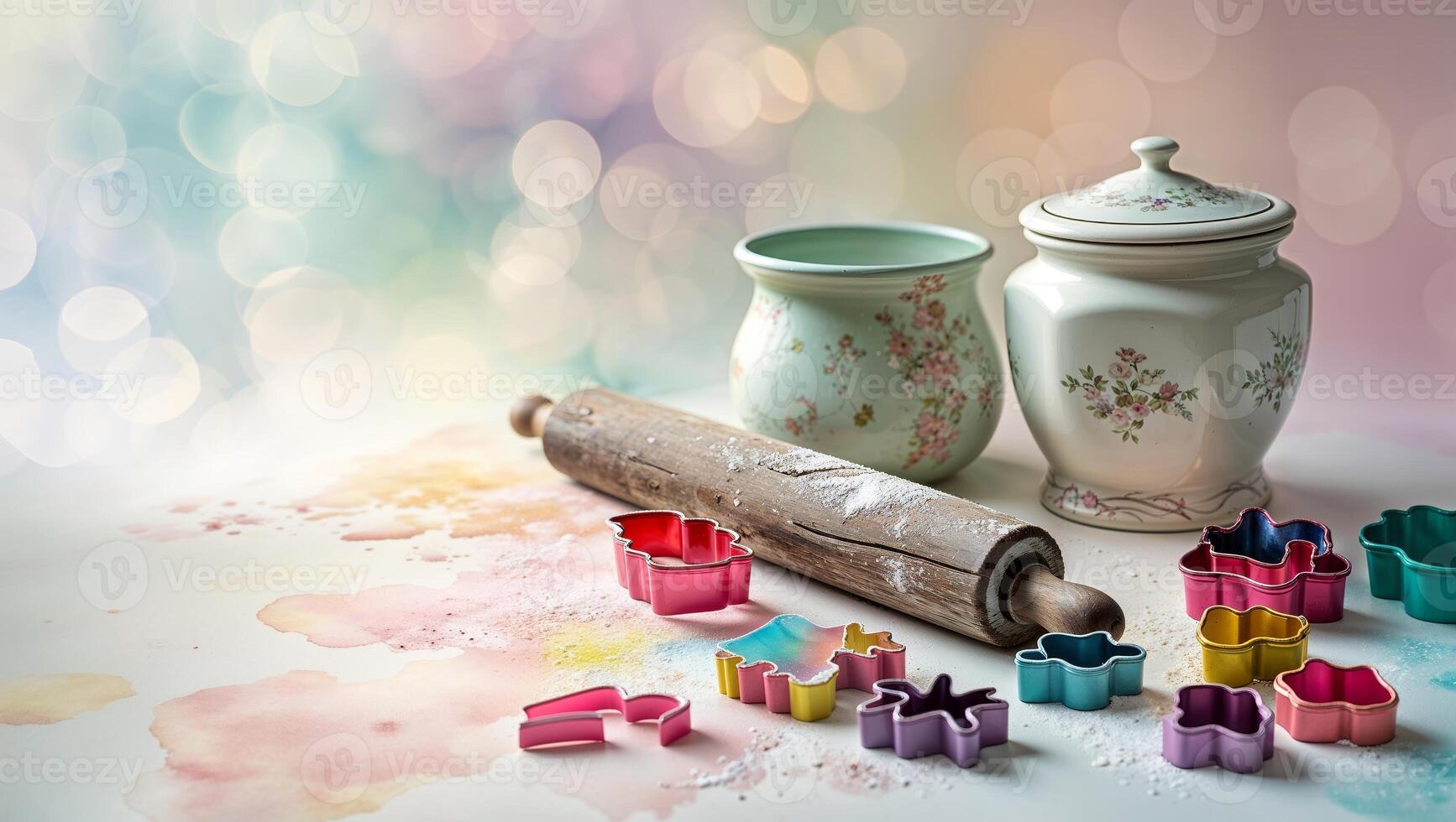 Baking tools and colorful cookie cutters on a kitchen countertop surrounded by bright bokeh lights in the background photo