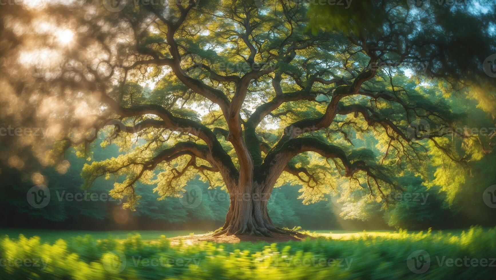 Majestic ancient tree stands proud in a serene forest during golden hour, showcasing vibrant green foliage and intricate branches photo